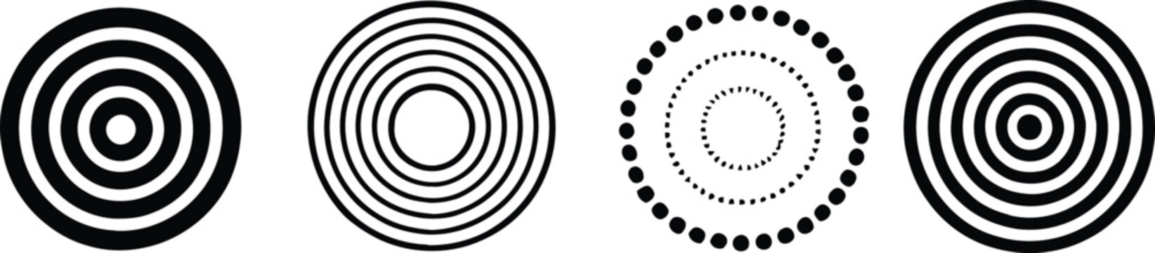 Abstract target radar circle concentric icons set in outline solid styles on white background