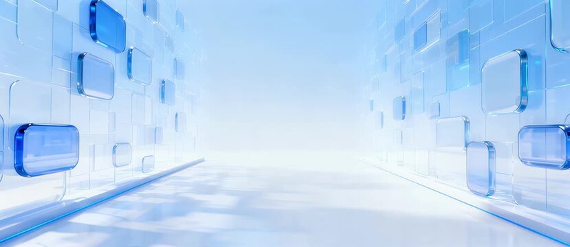 Abstract blue digital corridor with glowing rectangles on walls and light effect
