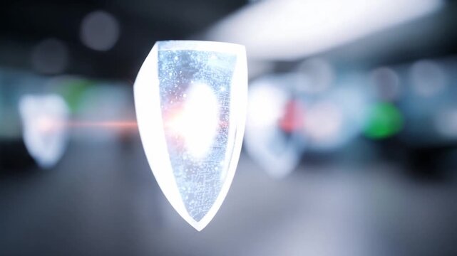 Digital Shield Symbol: An illuminated, futuristic shield emblem with a glowing core and intricate digital patterns hovers in a sleek, modern environment, representing security and protection.