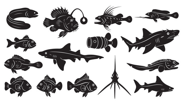 Deep sea fish silhouette collection, black predatory shark and anglerfish icons, 14 marine animal vector elements for aquatic biology design