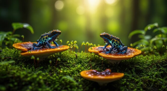 Two poison dart frogs use their vibrant, showy colors as warning signals to deter predators.