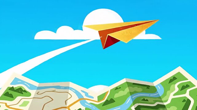 Cartoon paper airplane flies over a map against a bright blue sky