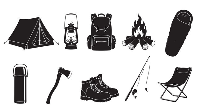 Camping equipment icons set, outdoor adventure gear silhouettes, 10 black vector elements for hiking and forest recreation, wilderness survival tools