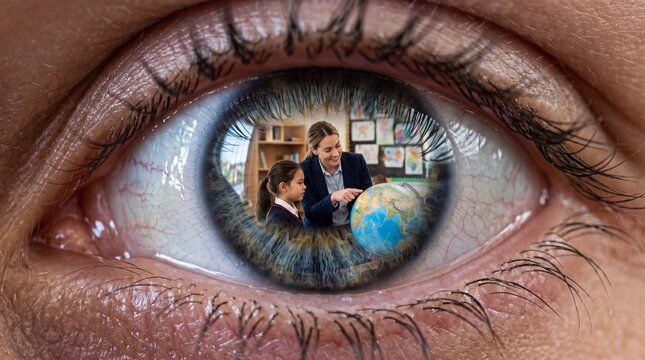 Teacher and a Student with a Globe Reflected in Human Eye Iris , Conceptual Education and Visionary Learning