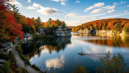 Obraz premium Serene lake with autumn foliage reflection.