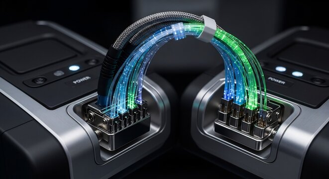 Close-up of glowing fiber optic cables connecting two devices.