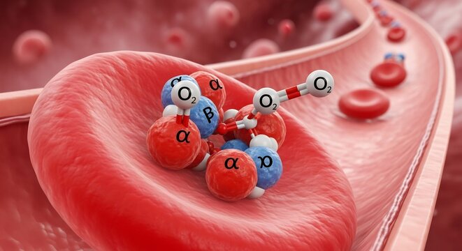 Detailed 3D Illustration of Hemoglobin Molecule and Red Blood Cells in Artery.