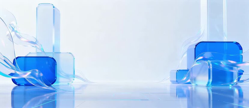 Abstract blue liquid splashes and geometric shapes creating a dynamic and fluid artistic composition