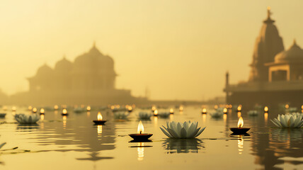 Fototapeta premium Floating oil lamps and lotus flowers on water with temple silhouettes in the background during golden hour