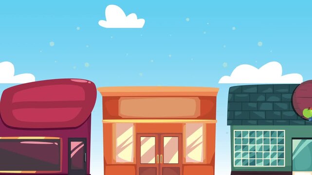 Cartoon street with colorful shop fronts animation under blue sky with moving clouds.