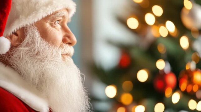Santa Claus: A heartwarming close-up of Santa Claus, his iconic white beard and jolly red hat in profile, with a softly blurred.