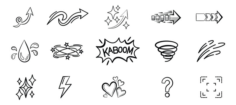 Comic kaboom explosion and power effect symbols vector set. Hand drawn elements including tornado, lightning, water drop, hearts, sparkle stars, and decorative arrows.