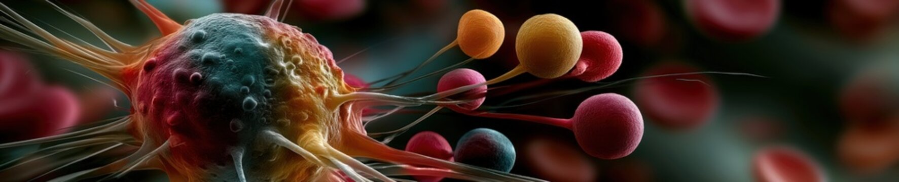 Extreme macro electron microscope shot of a macrophage extending pseudopodia among red blood cells with vibrant false color and sharp texture.