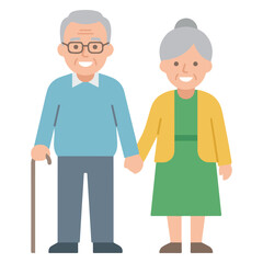 Obraz premium Happy elderly couple holding hands man with cane and glasses walking stick flat design together