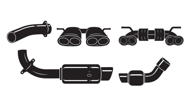 Automotive exhaust system vector icons, car muffler and tailpipe silhouette set, black metal engine parts for vehicle repair and performance tuning