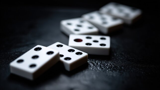 Domino chain with one absent piece, entire reaction abruptly stopped, overhead composition symbolizing halted system