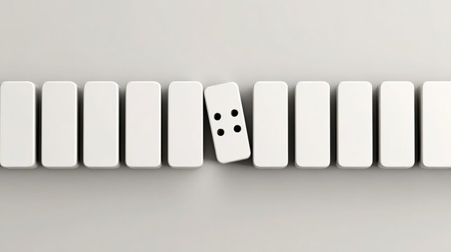 Domino chain with one missing piece halting entire cascade, top-down view, symbolic stagnation