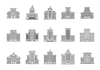 Fototapeta premium Set of various city building icons in line art style, including skyscrapers and government buildings