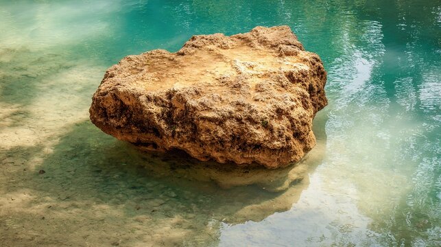 Massive weathered boulder resting at bottom of clear deep pool, flowing water, dappled light, serene timeless nature scene