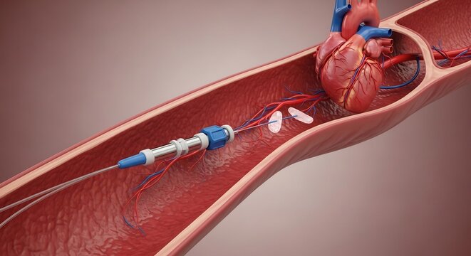 Medical illustration of cardiac catheterization procedure showing a catheter inside a blood vessel leading to the heart.