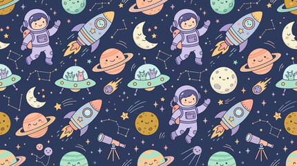 Naklejka premium Cute Cartoon Astronauts, Rockets, Planets, and UFOs Space Pattern Vector Illustration for Kids