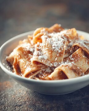 Pappardelle pasta with rich sauce and grated cheese in a white bowl