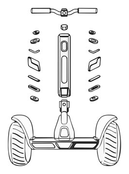 Self balancing scooter exploded view line art. Generative AI