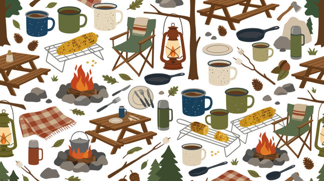 Flat Vector Seamless Pattern of Camping and Outdoor Recreation Gear, Campfires, and Picnic Items
