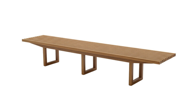 Modern wooden slat bench with three legs on a transparent background, high-angle shot showcasing clean lines and materials, minimalist furniture design concept