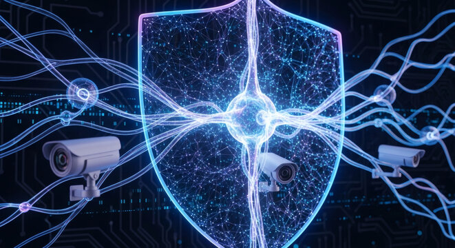 Digital Security Shield Protecting Against Cyber Threats with Surveillance Cameras and Network Connections