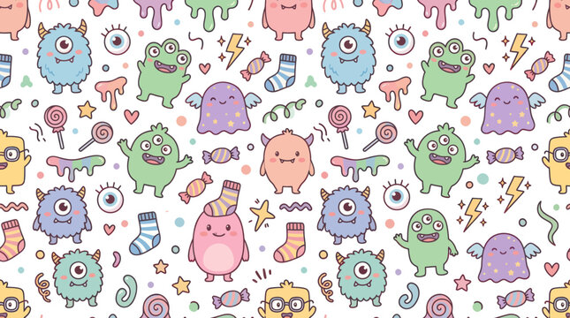 Cute Monsters and Candies Seamless Pattern, Kawaii Cartoon Art Style