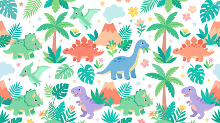 Obraz premium Cute Flat Cartoon Dinosaurs Seamless Pattern Background. Childish Prehistoric Nature Landscape.