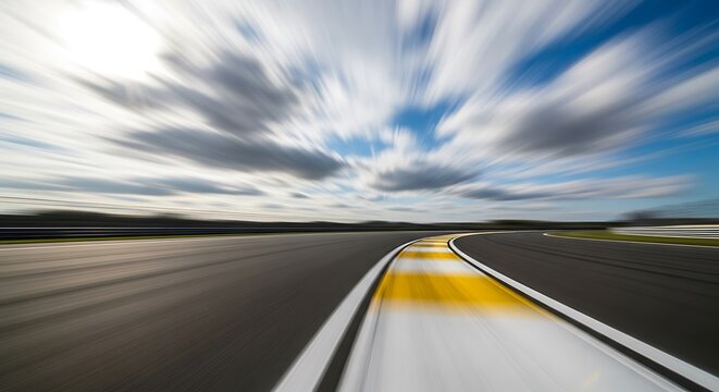 Asphalt racetrack curving into the distance under a streaked sky suggests rapid motion