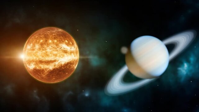 Celestial Dance: A radiant sun and a ringed planet are depicted in a cosmic ballet against a backdrop of nebulae and distant stars, evoking wonder and the vastness of space.