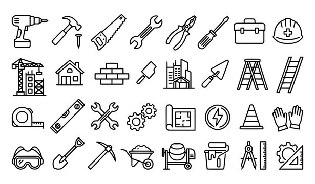 Creative repair and construction outline vector icon set with building symbols