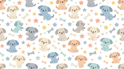 Obraz premium Seamless pattern of cute cartoon puppies, bones, hearts, and stars in a playful flat illustration style for children's design.