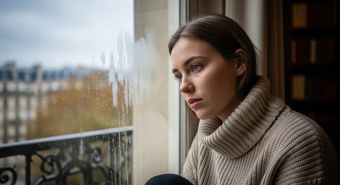 Woman looking out window.