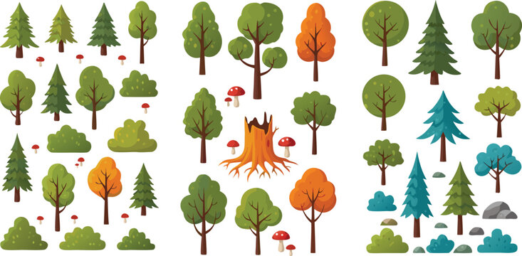 Flat forest tree vector collection featuring various green and autumn deciduous trees, pine evergreens, bushes, mushrooms, and rocks for nature landscape design elements