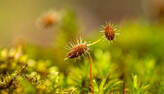 Close-up of moss capsule releasing spores in natural green habitat