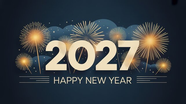 Luxurious 2027 new year greeting banner with glowing golden fireworks star accents and sleek typography on deep navy background for festive invitations cards and digital displays