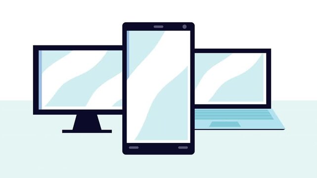 Minimal animation of electronic devices featuring smartphone computer monitor and laptop on clean background.