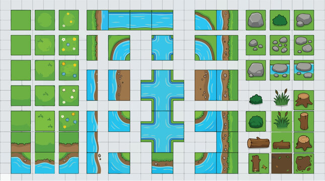 Top-down 2D game tileset for nature environments. Green grass and blue river map constructor. Flat vector landscape assets for RPG gaming.