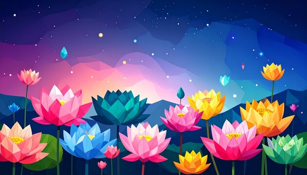 Colorful geometric lotus flowers blooming under starry night sky