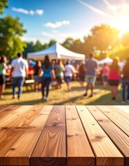 Obraz premium Sunny outdoor gathering, wooden table foreground