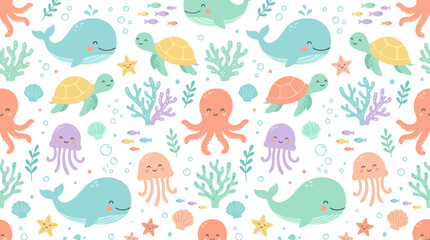 Fototapeta premium Cute Seamless Pattern with Whales, Turtles, Jellyfish, Octopus