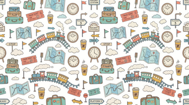 Seamless pattern of vintage travel icons - trains, suitcases, maps, clocks