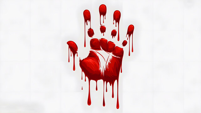 Bloody handprint on white background symbolizing violence crime or protest with a red palm print