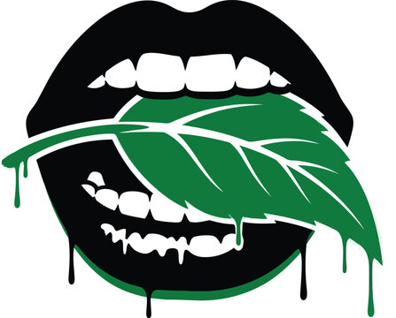 Black melting lips biting a fresh green leaf symbol for organic beauty and nature inspired artistic fashion design