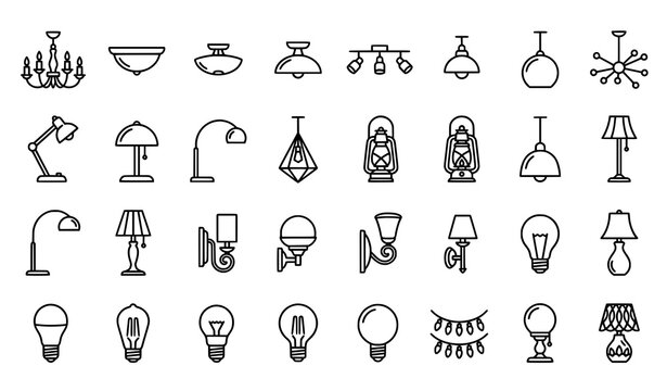 Minimalist lamp and lustre outline icon collection with editable lighting vector symbols