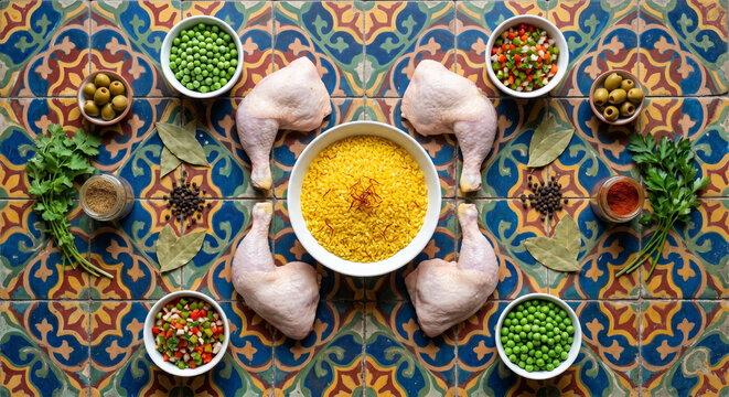 Top down view of Arroz con Pollo ingredients on Cuban colonial floor tile